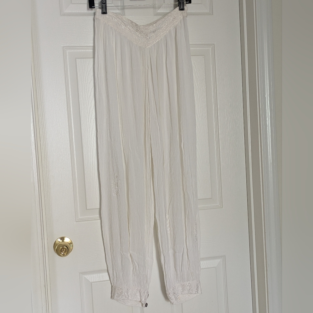 Elegant Boho Vintage Women's Gauze Pants Yogi Hippie Indian Viscose, Large White